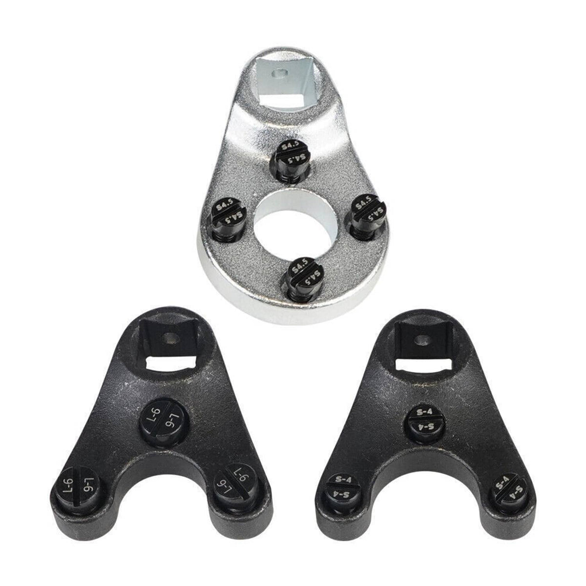 Three tilt pin wrenches in silver and black with stamped size markings