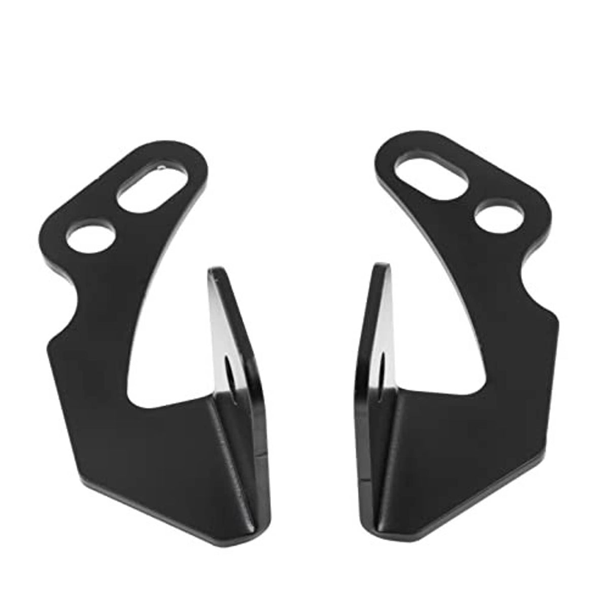Two black bracket halves with curved arms and oval bolt holes