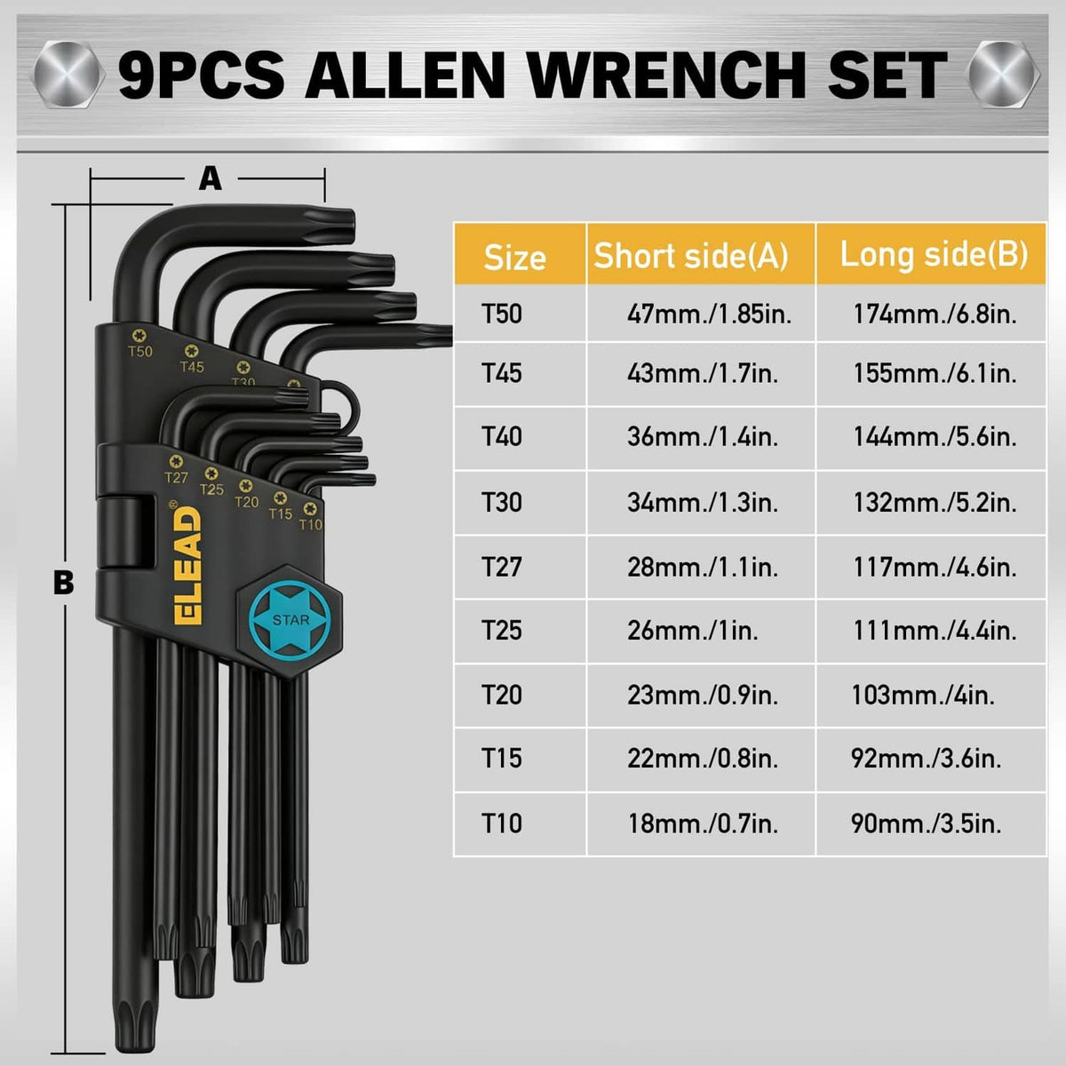 Black Torx star Allen wrench set with extension bar, sizes T10 to T50