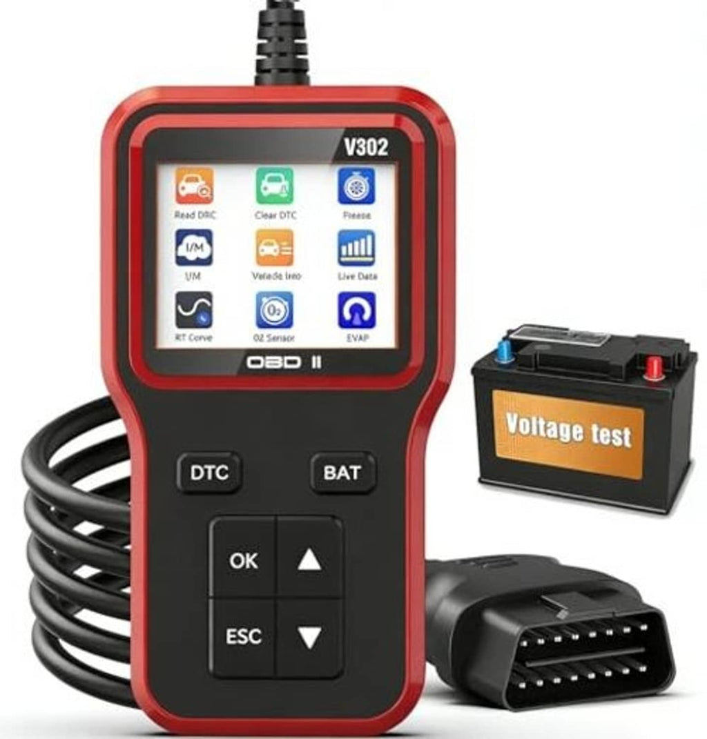 Red handheld OBD2 code scanner with OBD cable, plus black battery voltage tester