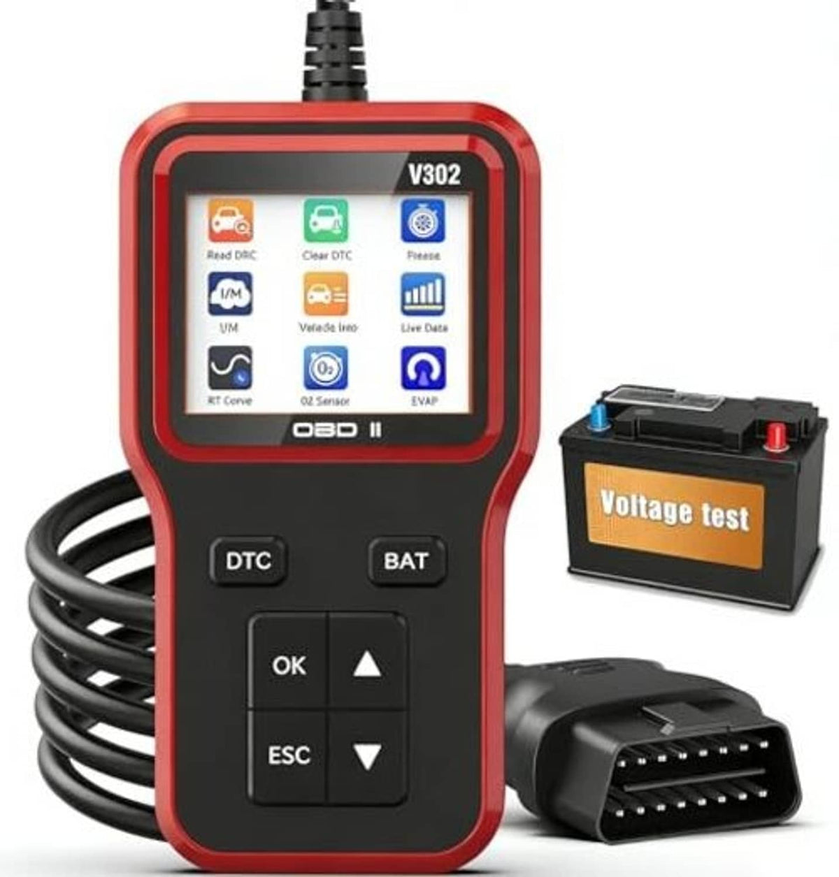 Red handheld OBD2 code scanner with OBD cable, plus black battery voltage tester