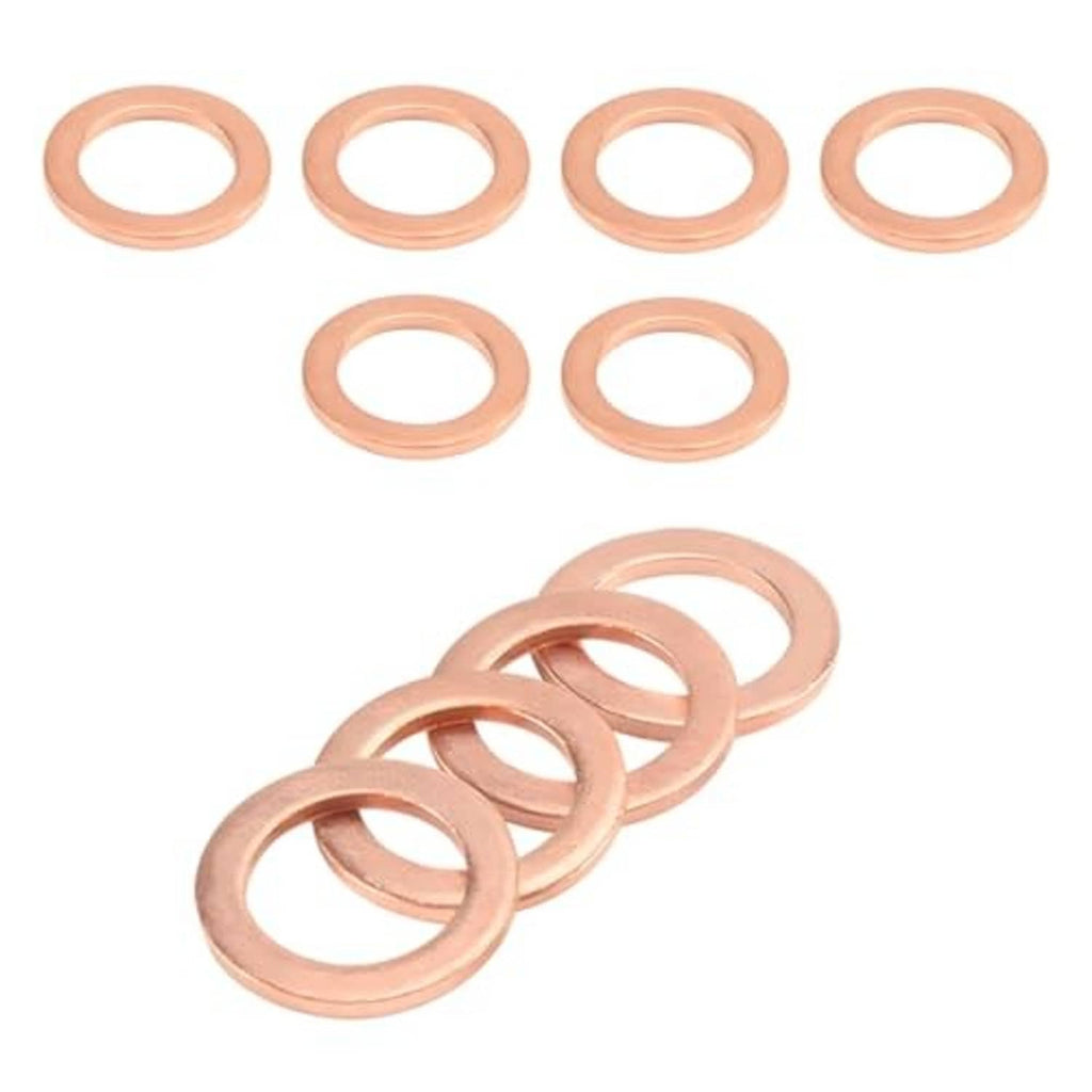 Copper oil drain plug seal rings set, round crush gaskets shown stacked