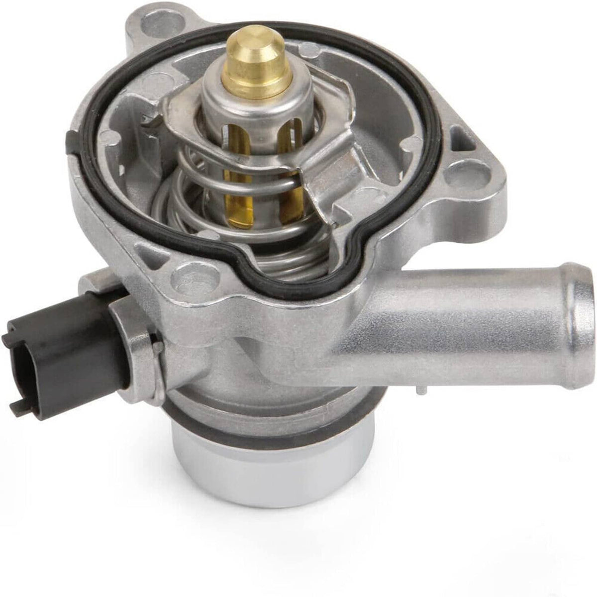 Thermostat housing assembly with metal flange, spring, and coolant outlet