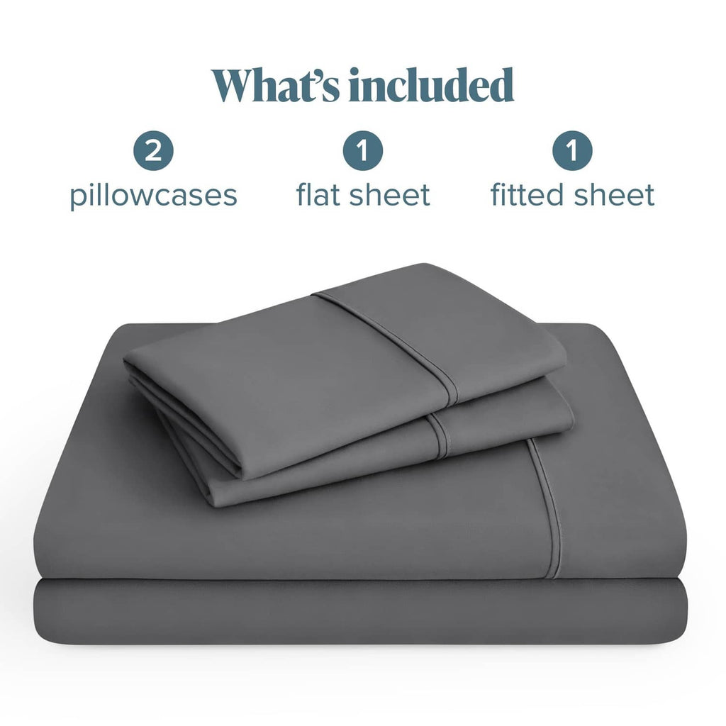 Grey microfiber 4-piece bed sheet set stack: fitted sheet, flat sheet, two pillowcases