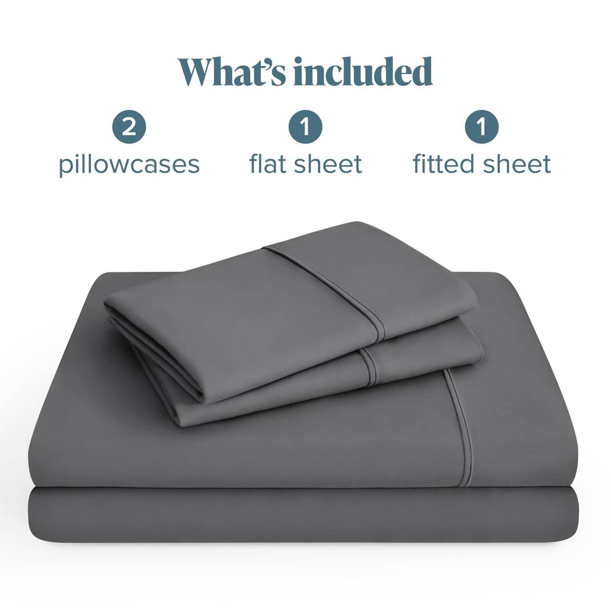 Grey microfiber 4-piece bed sheet set stack: fitted sheet, flat sheet, two pillowcases