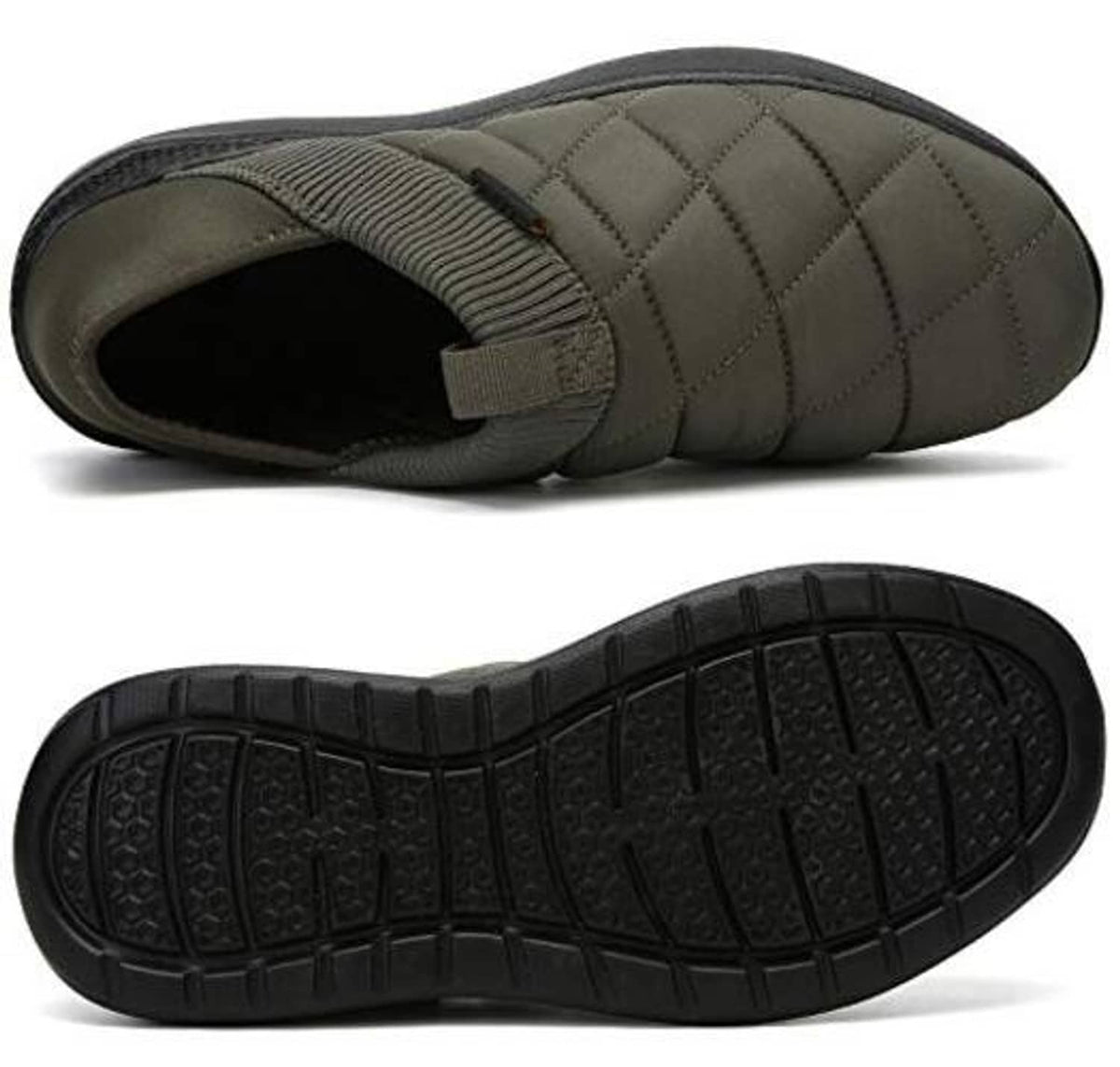 Army green slip-on slippers with ribbed elastic collar, quilted upper, textured black sole