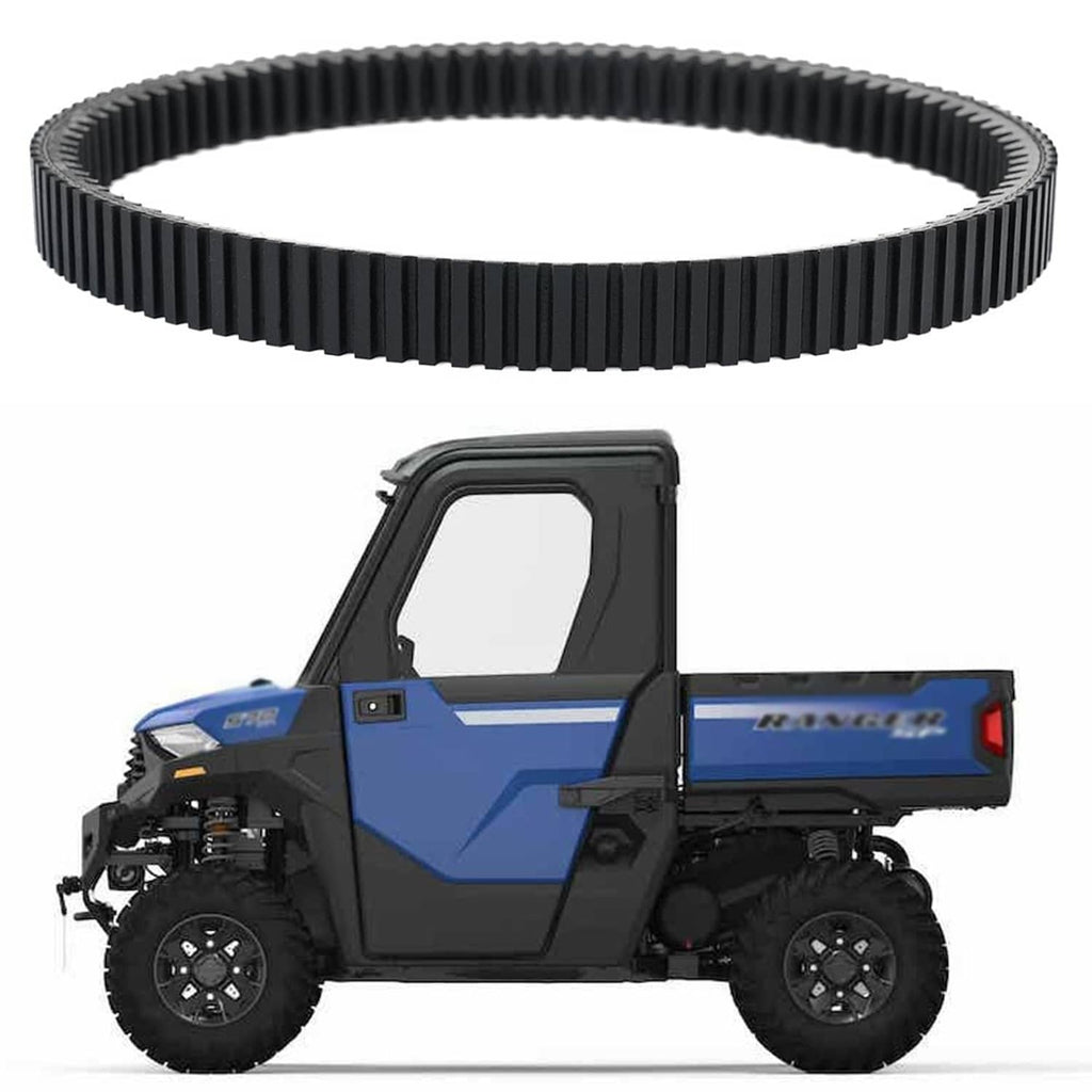 Black CVT drive belt with ribbed, toothed surface in a wide loop
