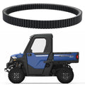 Black CVT drive belt with ribbed, toothed surface in a wide loop