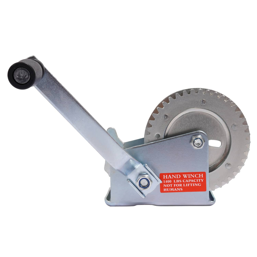 Galvanized hand winch with ratchet drum and black handle, for boat trailer towing