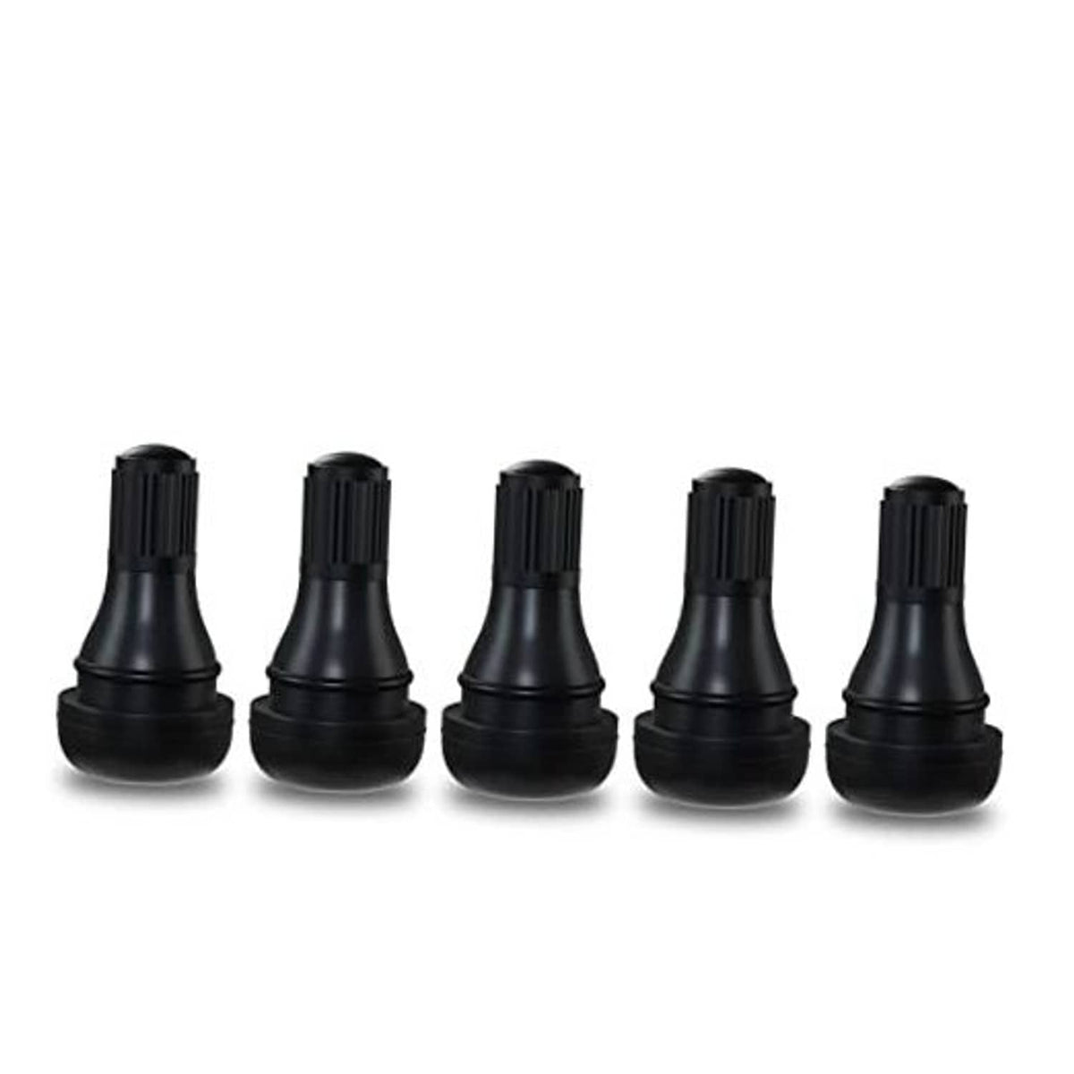 Set of black snap-in tubeless tire valve stems, short rubber stems with ribbed heads