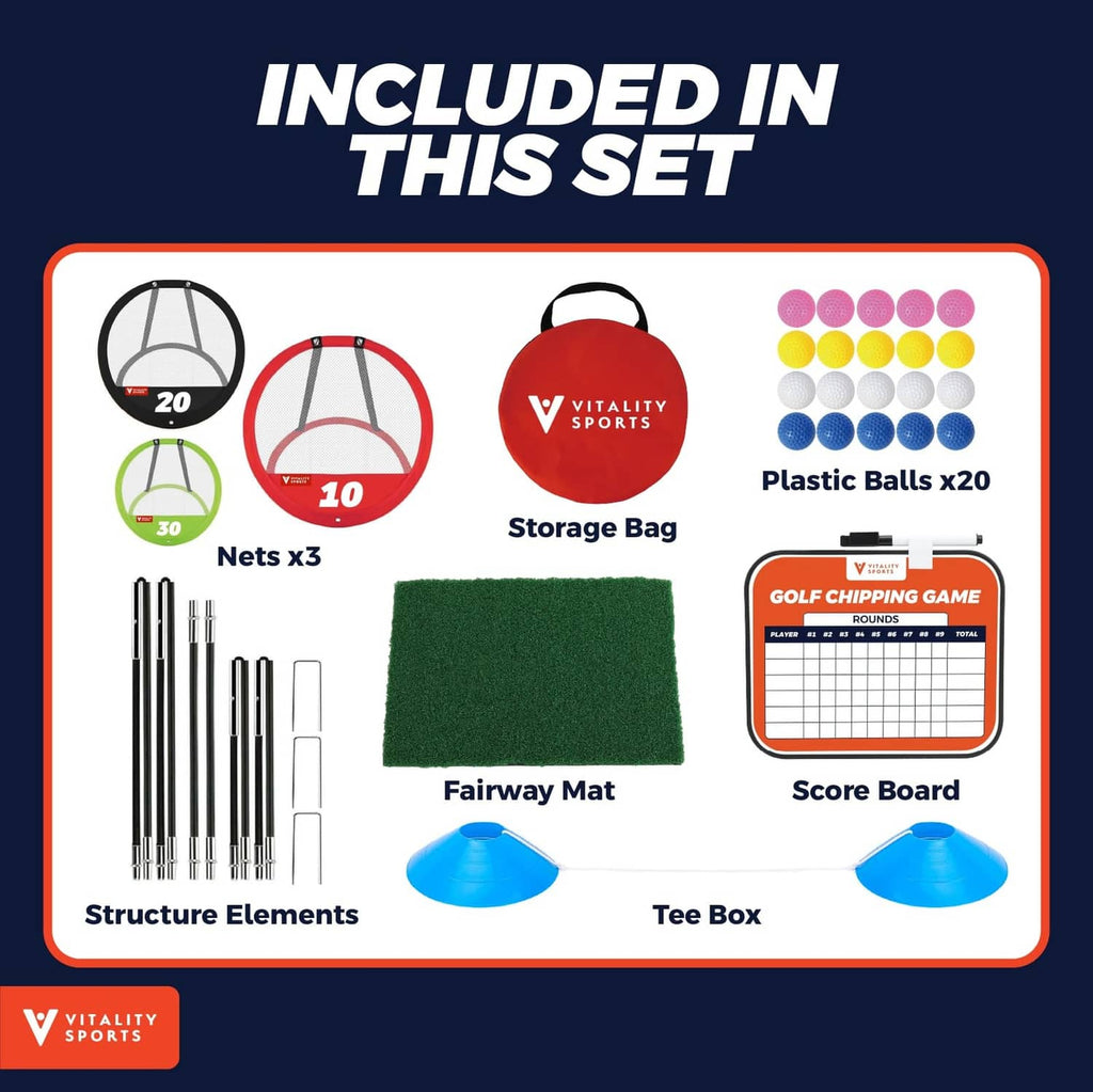 Golf chipping game set items: three target nets, storage bag, fairway mat, and score board