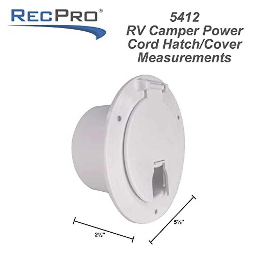 White RV power cord hatch cover with measurement guide markings