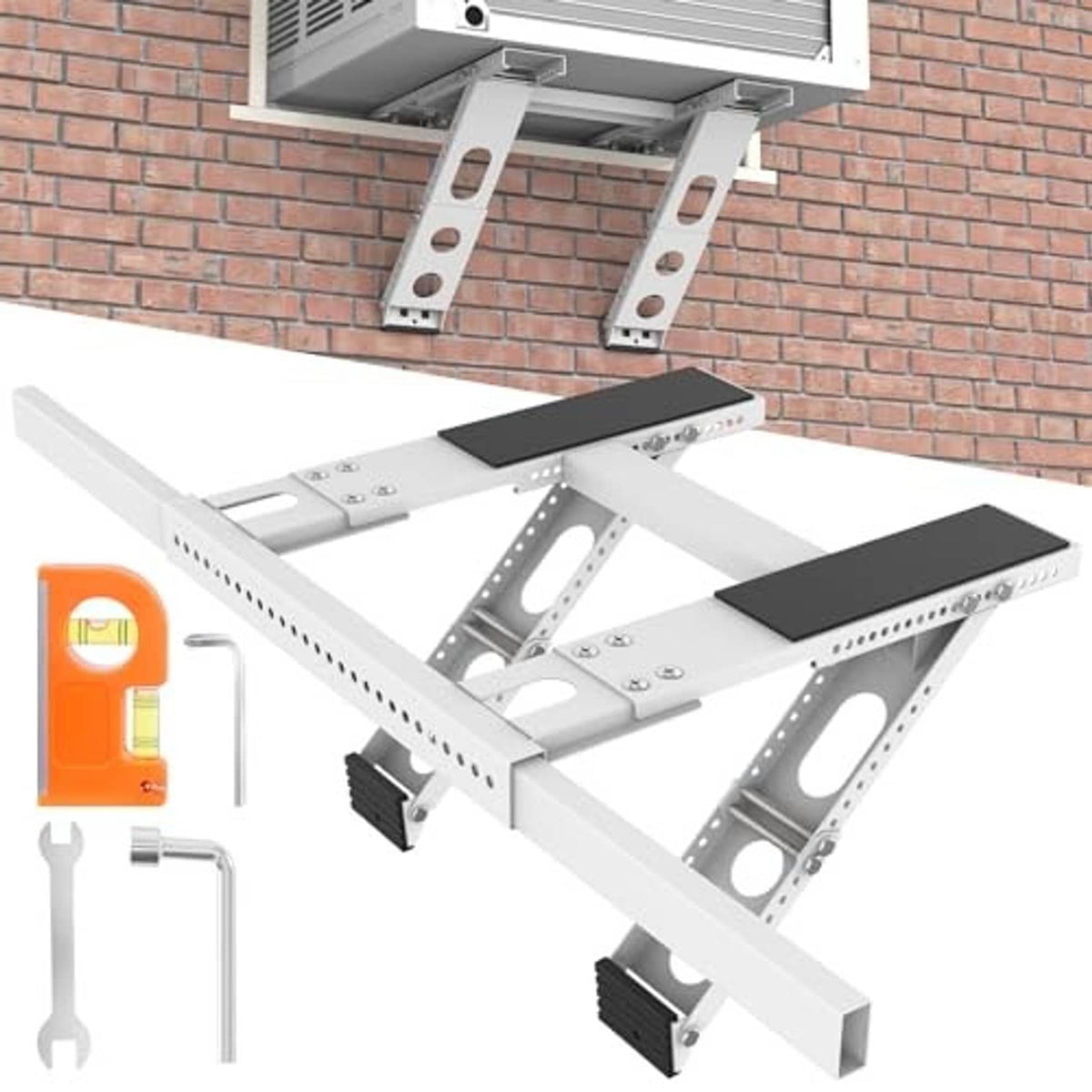 White window AC support bracket with cross frame, perforated rails, and rubber pads