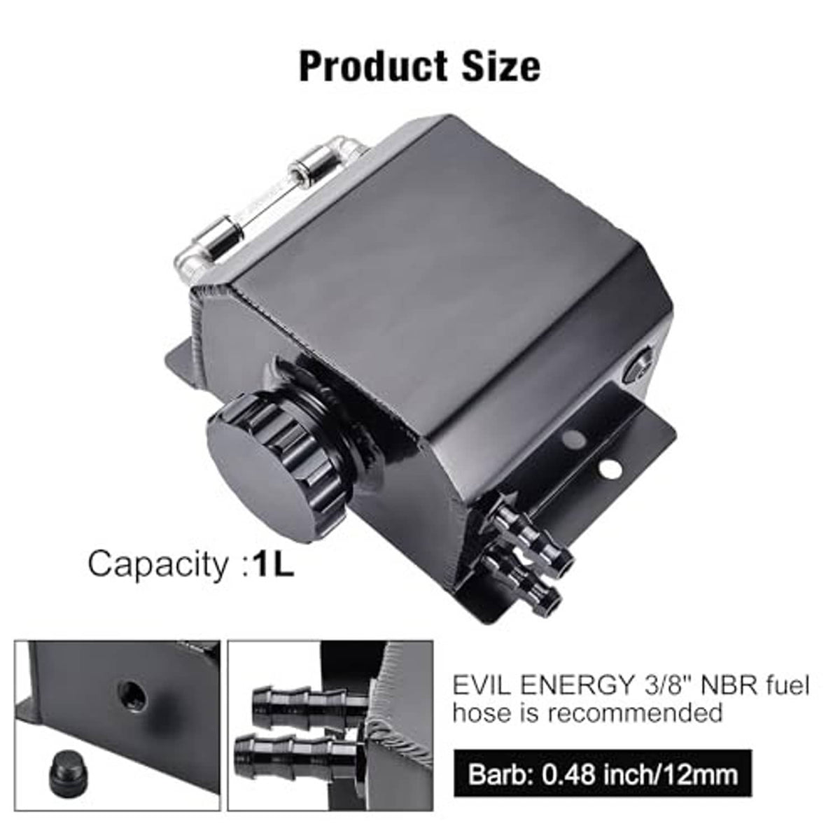 Coolant overflow tank reservoir with side ports and capacity marking on product size view