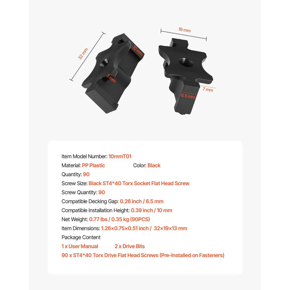 Black plastic deck T-clip hidden fastener, dimensioned design
