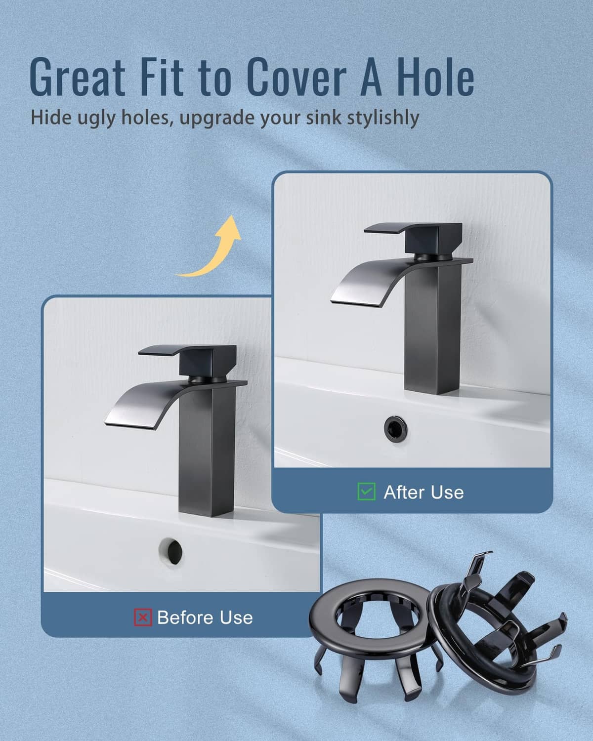 Black bathroom sink overflow ring cover with three legs and snap tabs