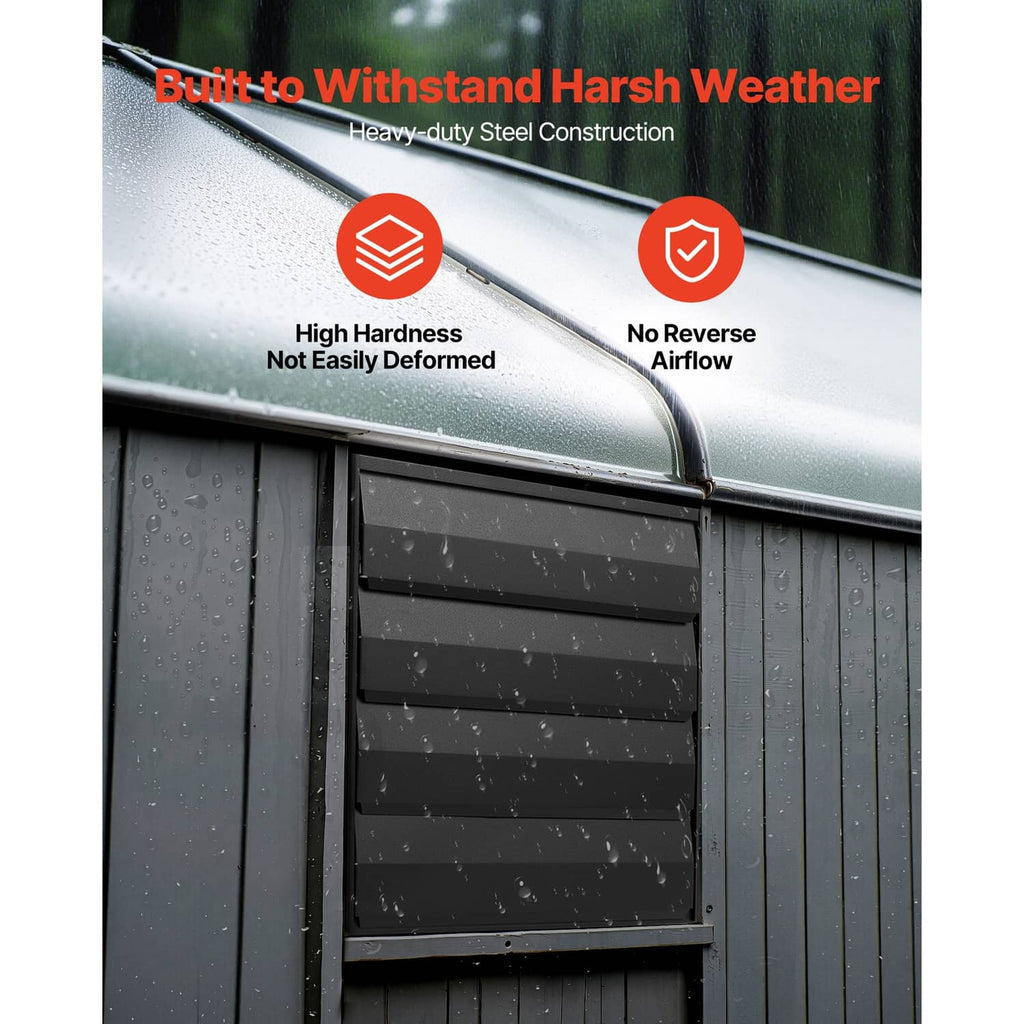 Wall-mounted shutter exhaust fan on louvered panel with rain droplets and airflow icons