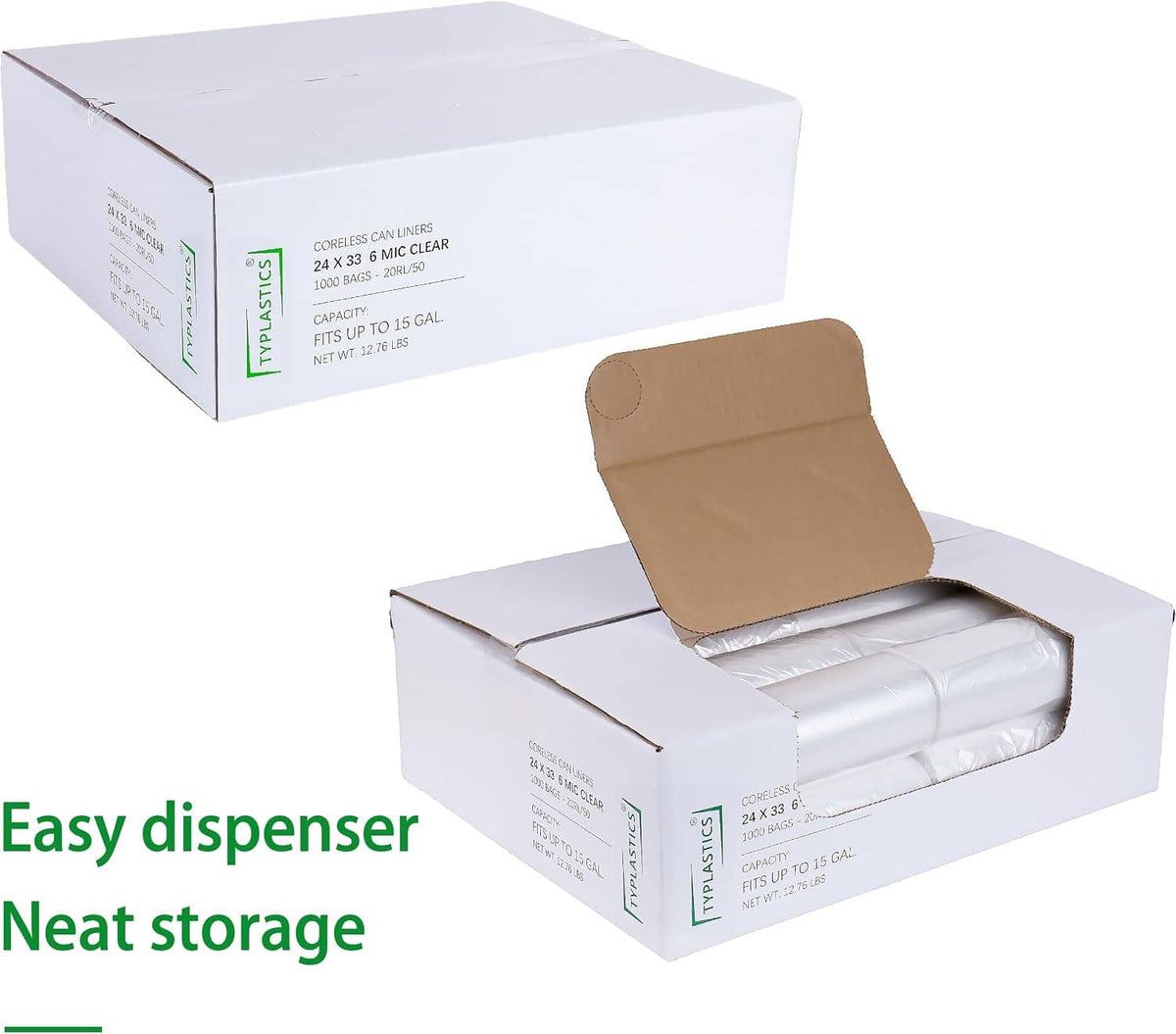 Clear trash bag liners in box packaging, open tray with rolled liners