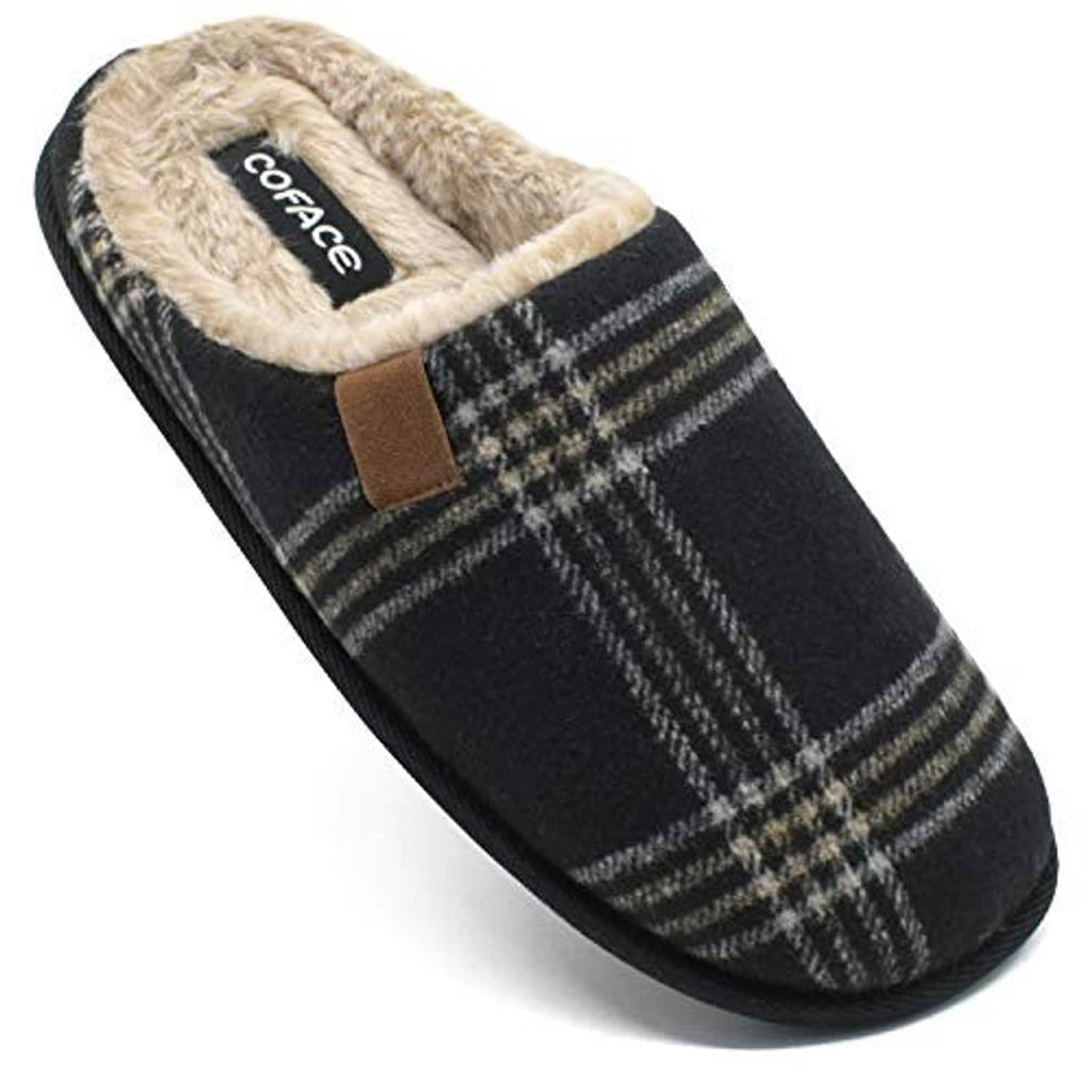 Men’s black plaid scuff slippers with tan sherpa lining and brown leather strap