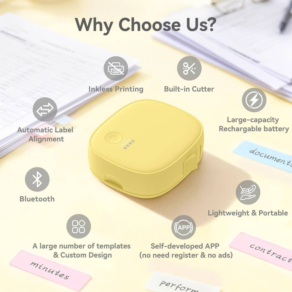 Yellow portable mini label maker on desk with built-in features icons