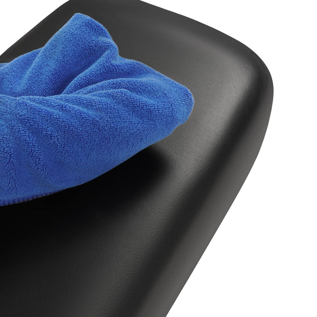 Golf cart seat back cushion with cleaning cloth on dark black cover