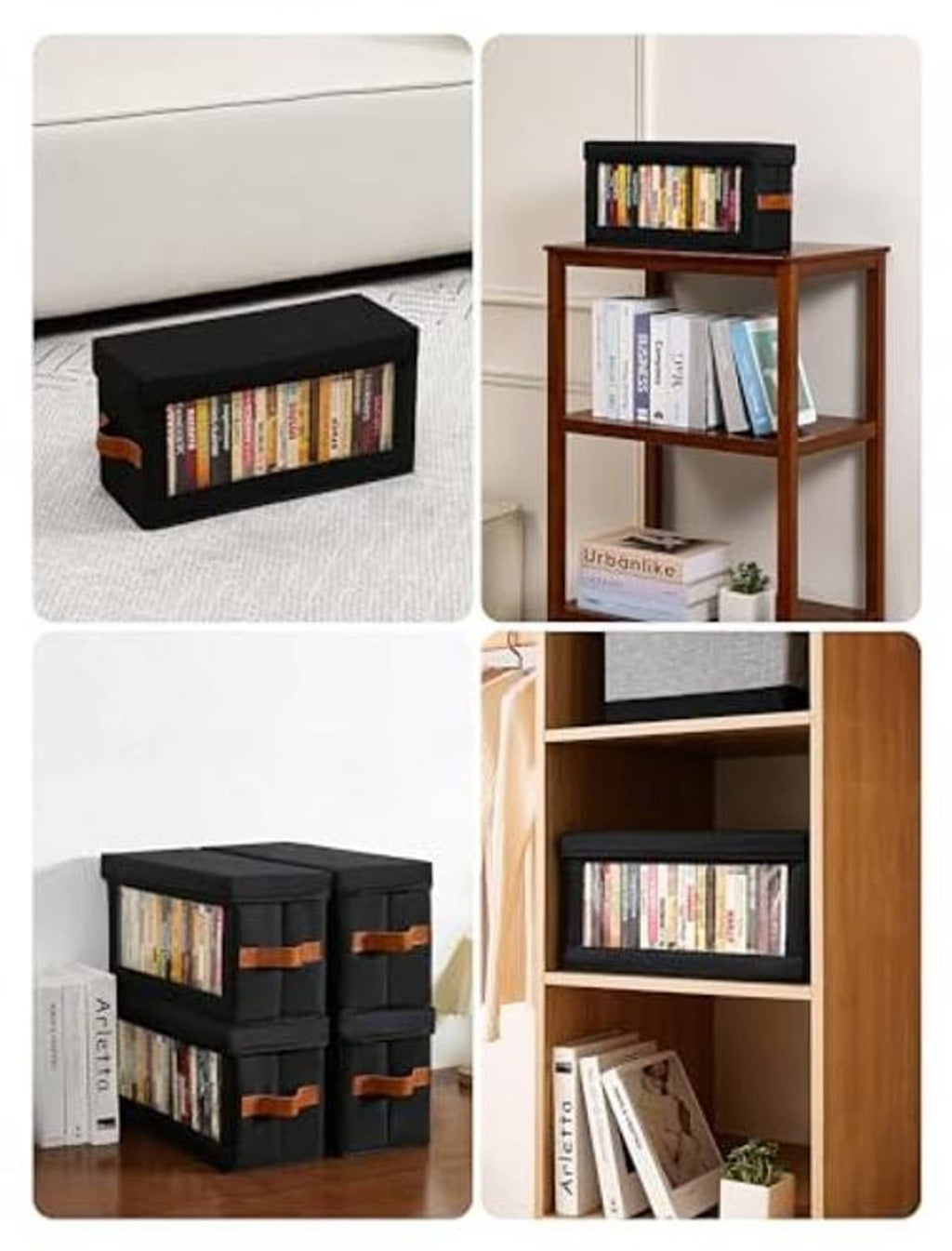 Black stackable DVD storage boxes with clear windows and brown strap handles