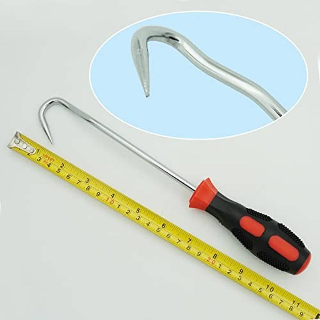 Hose removal tool with curved stainless hook and black/red handle; with measuring tape