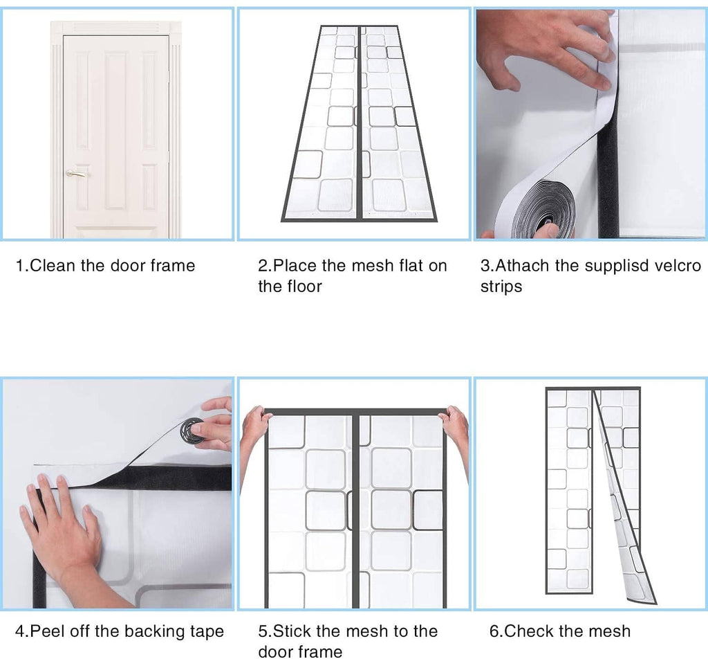 Insulated door curtain mesh being applied to door frame, white grid panel
