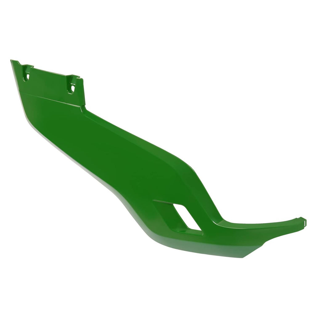 Green mower side panel with end mounting holes and rectangular vent opening