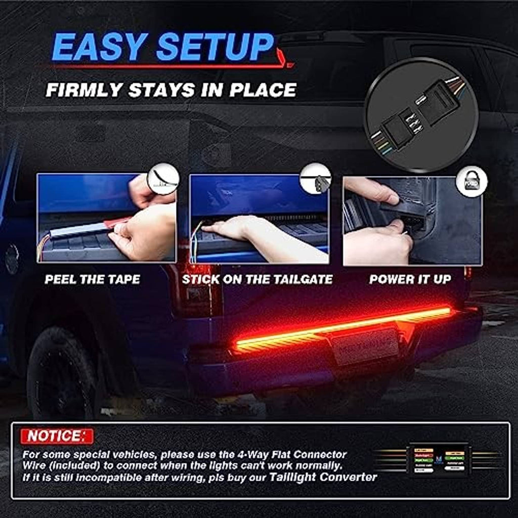 Tailgate LED light bar with easy setup, showing illuminated red strip