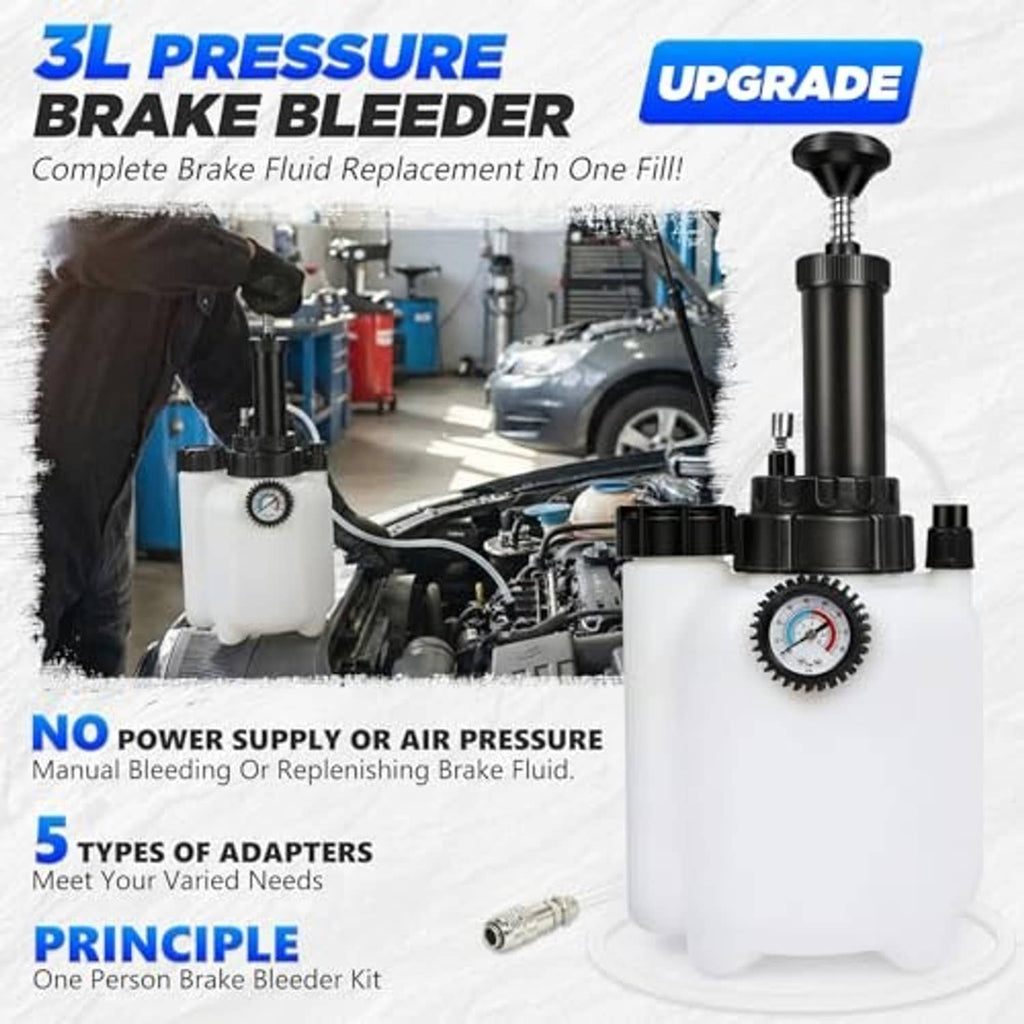 Brake bleeder tool with white bottle and pressure gauge for one-person brake fluid bleeding