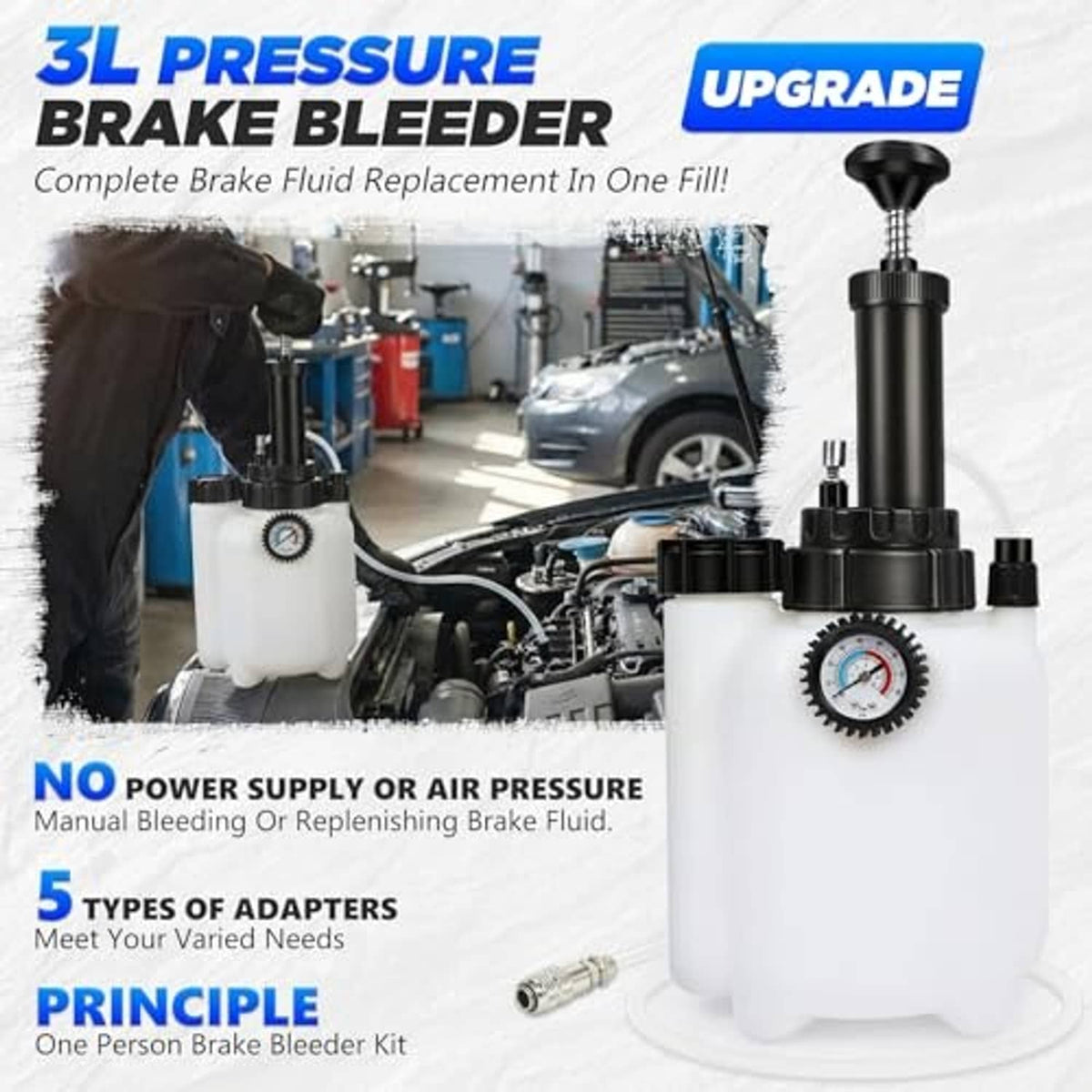 Brake bleeder tool with white bottle and pressure gauge for one-person brake fluid bleeding