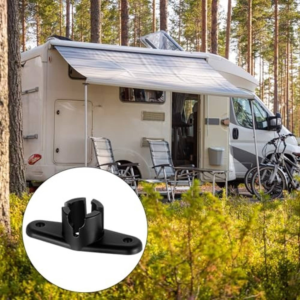 Black awning ball-end base bracket shown in an inset on an RV awning