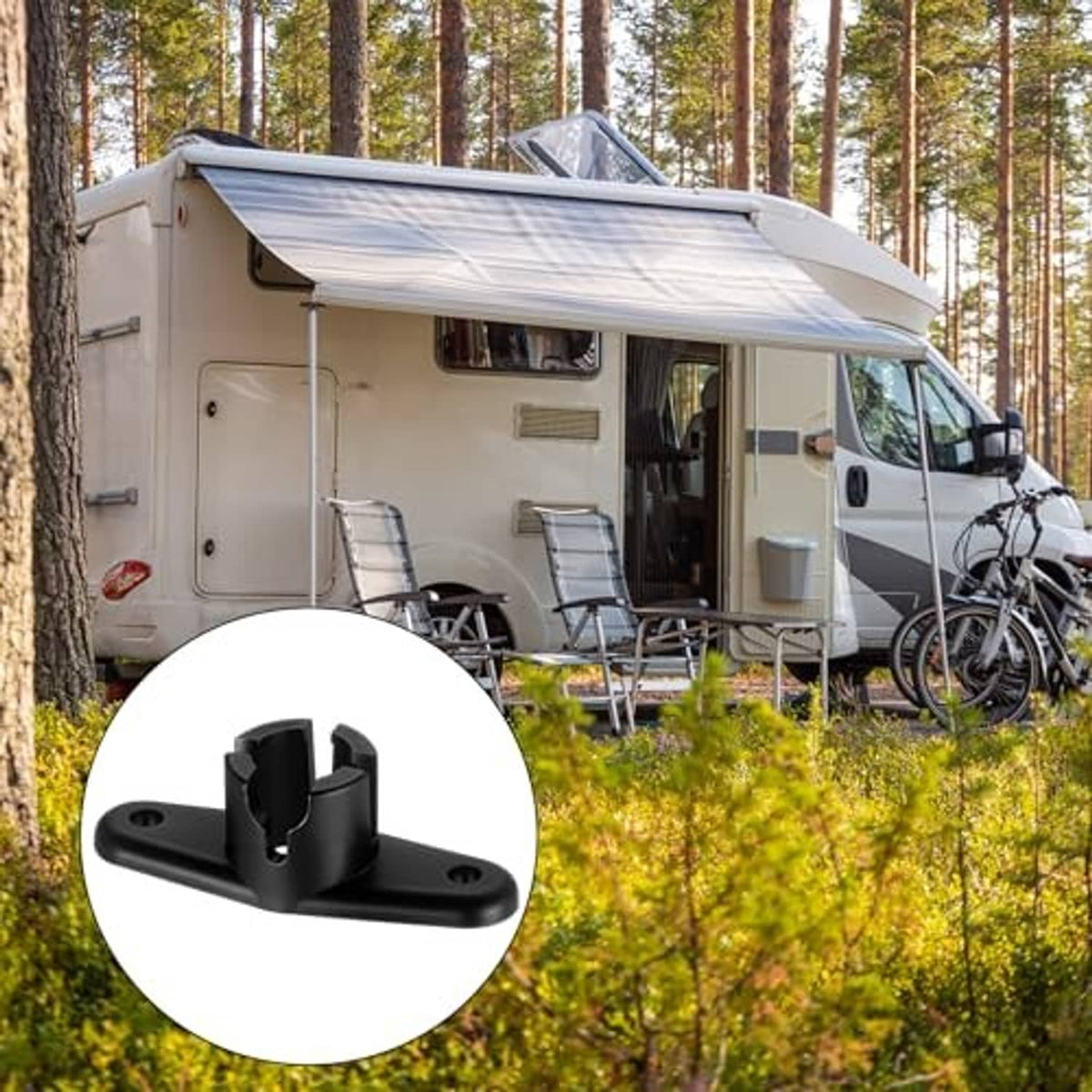 Black awning ball-end base bracket shown in an inset on an RV awning