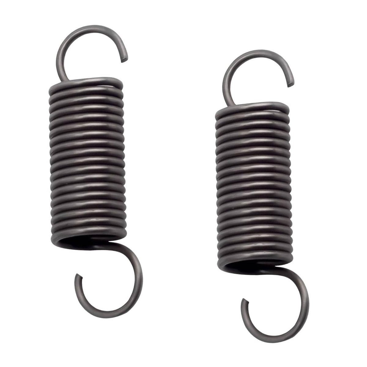 Set of 2 recliner tension coil springs with short curved hook ends, dark gray metal
