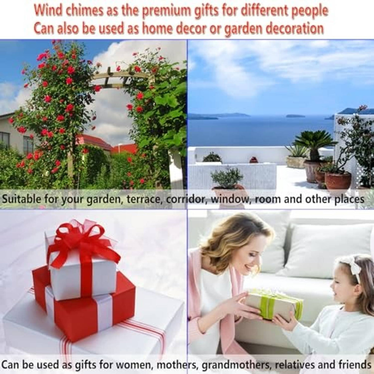 Gift-themed collage featuring wind chimes text and home decor scenes