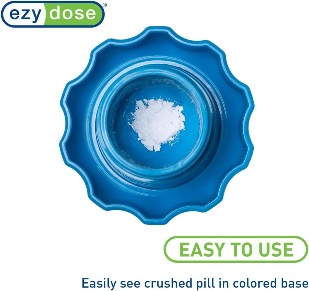 ezy dose blue pill crusher filled with white crushed tablet powder, top view.