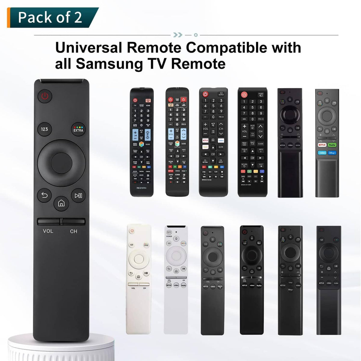 Universal TV remote control pack, showing one remote plus assorted compatible remote models