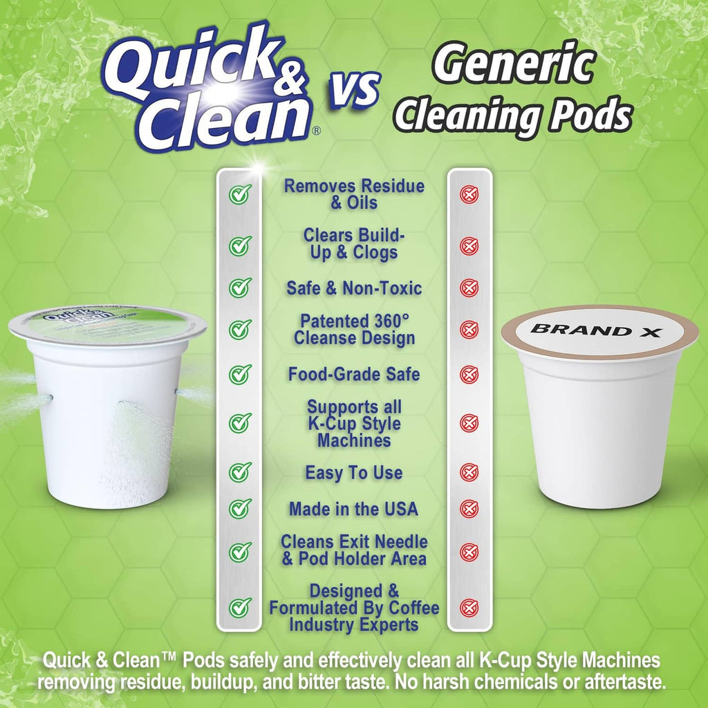Cleaning pods vs generic comparison with two white cups and checkmark bullet list