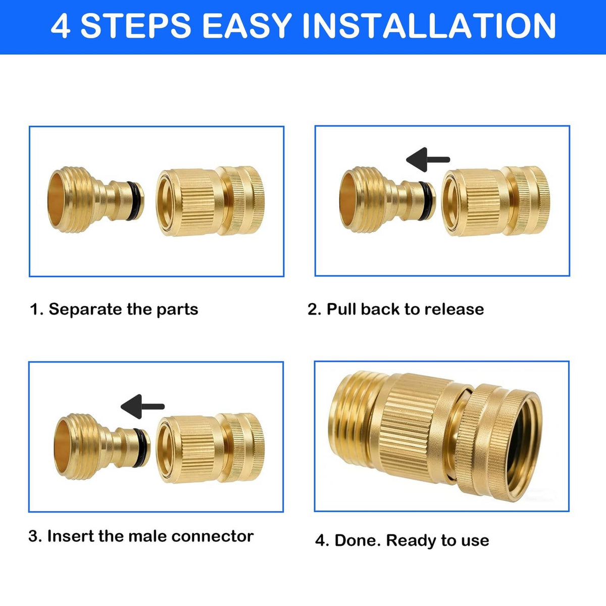 Gold solid brass quick connector parts with black O-ring shown for easy installation