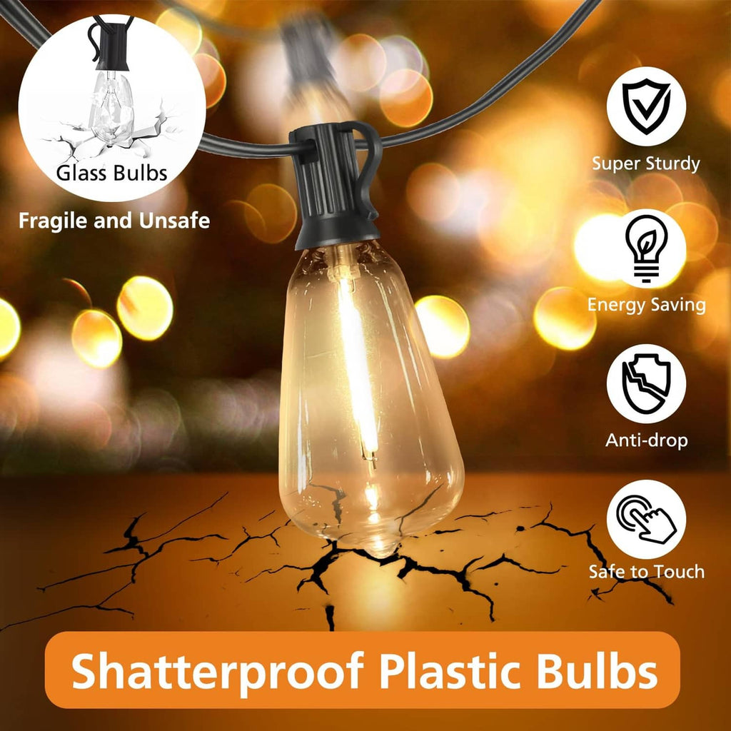 Shatterproof plastic bulb string lights with clear teardrop bulbs and black connectors