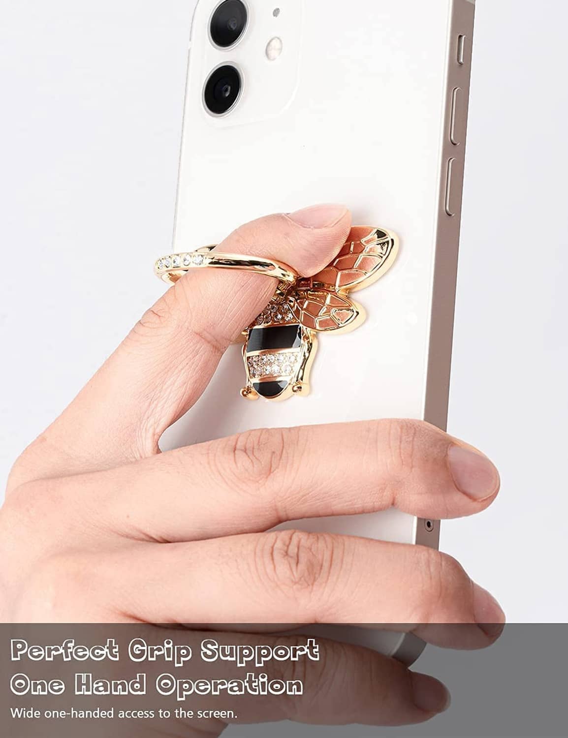 Gold bee phone ring holder with crystal kickstand, shown in use on a phone