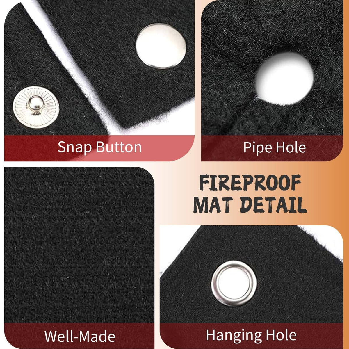 Black welding blanket detail: snap button, pipe hole, and hanging grommet