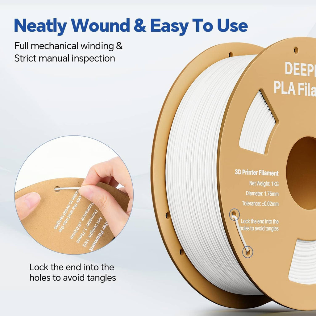 White PLA filament spool on reel with a hand lifting the end to avoid tangles