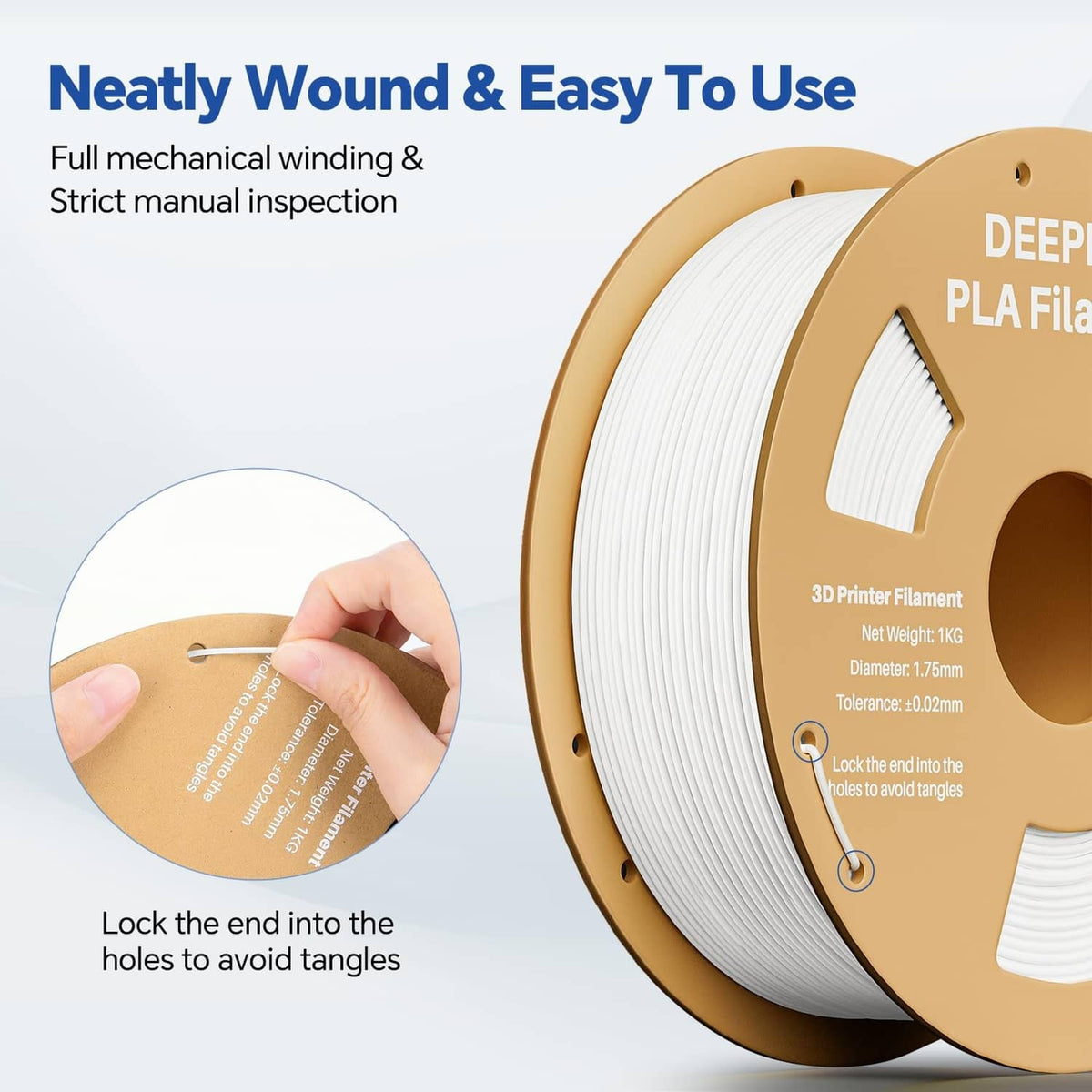 White PLA filament spool on reel with a hand lifting the end to avoid tangles