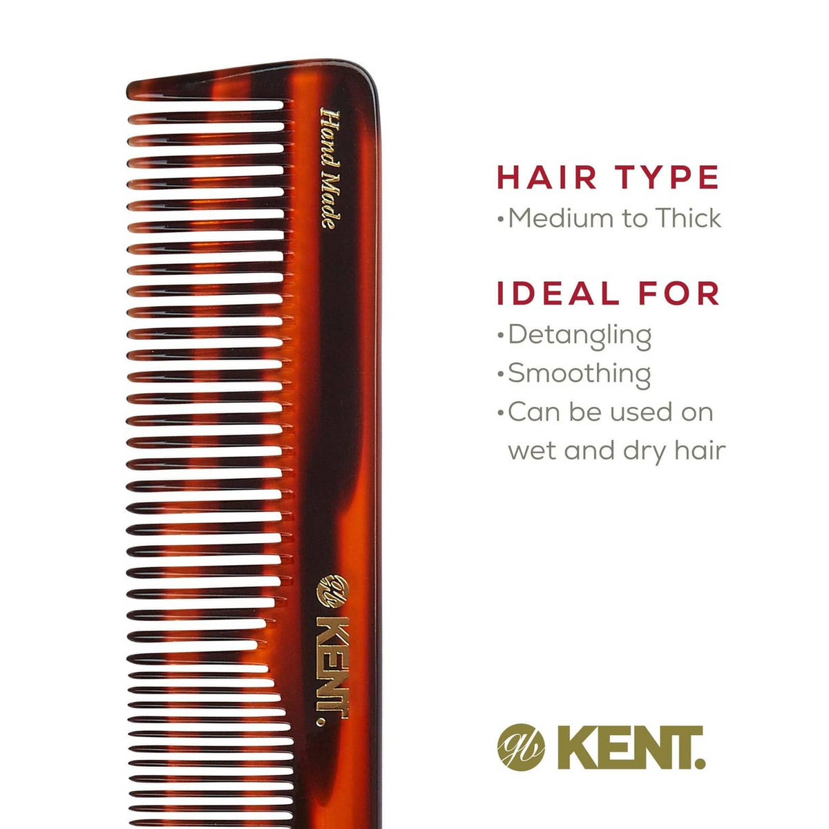 Tortoiseshell hair comb with narrow teeth, Kent logo on the handle