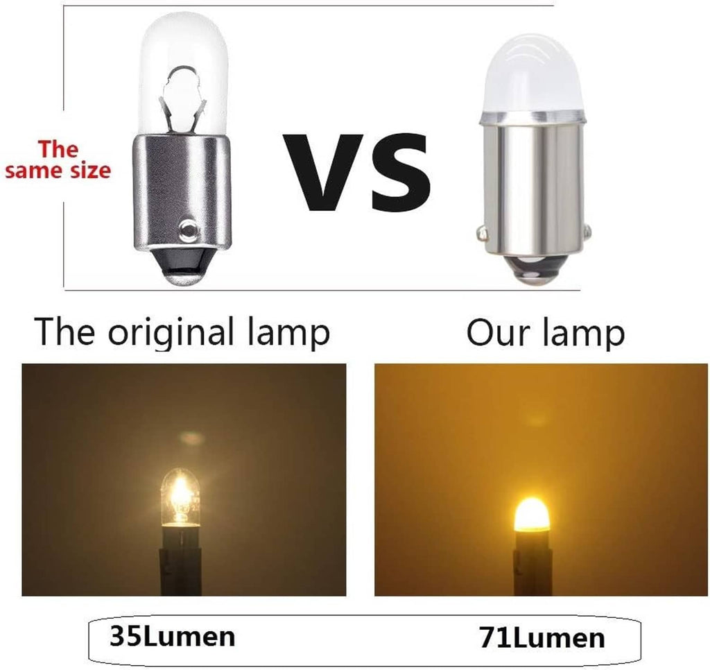 Car LED bulb comparison with yellow light output, 71 lumens vs 35 lumens