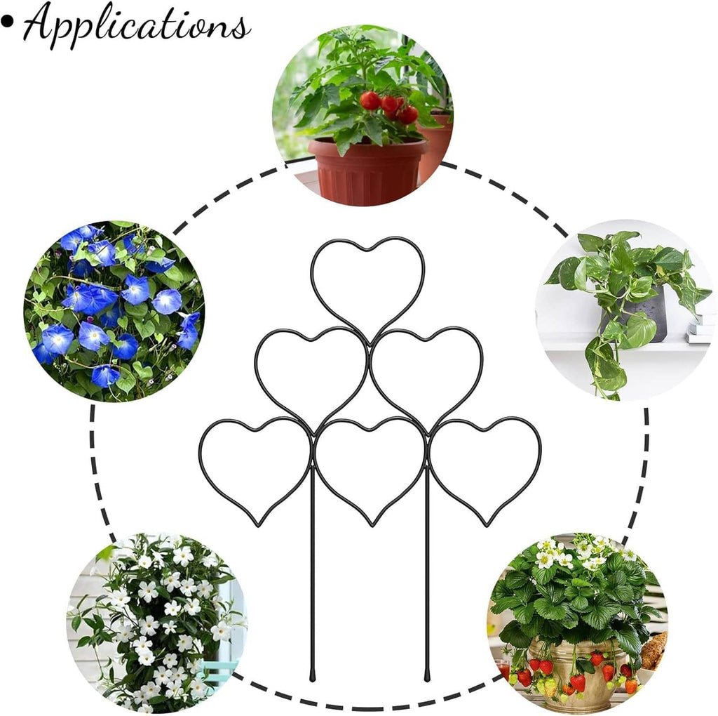Black metal heart trellis stake with multiple heart-shaped tiers for climbing plants
