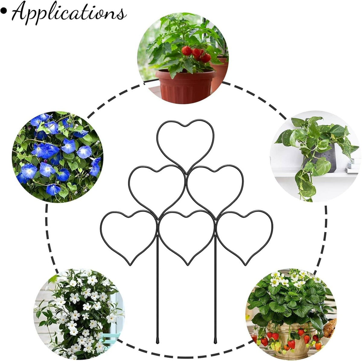 Black metal heart trellis stake with multiple heart-shaped tiers for climbing plants