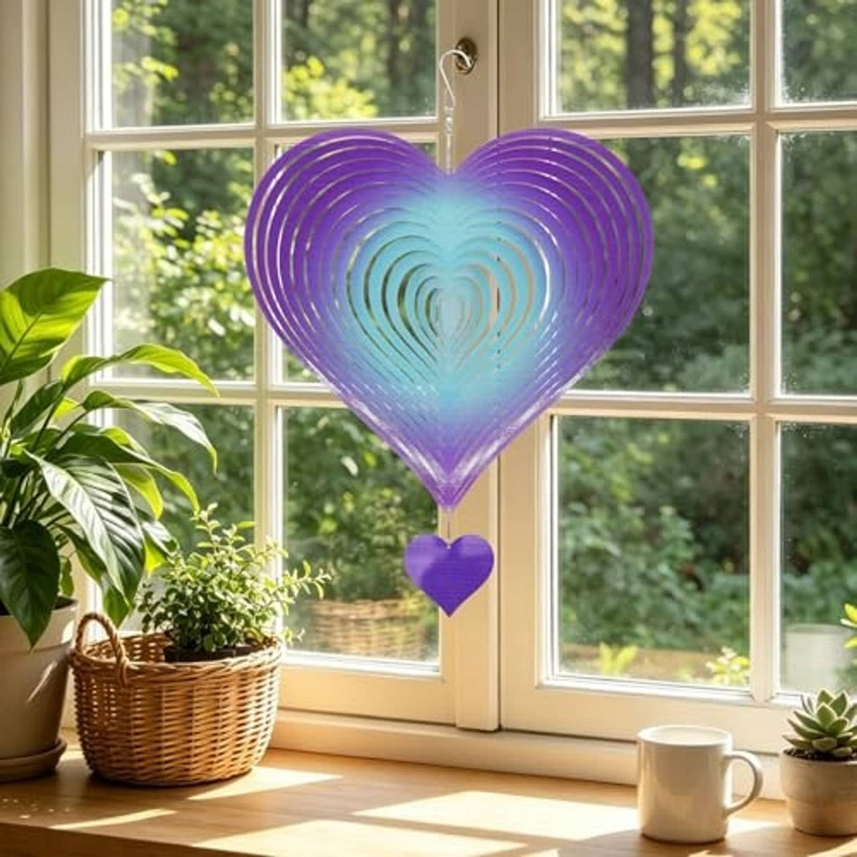 Heart wind spinner with purple-blue gradient rings and small heart charm, hanging near indoor window.